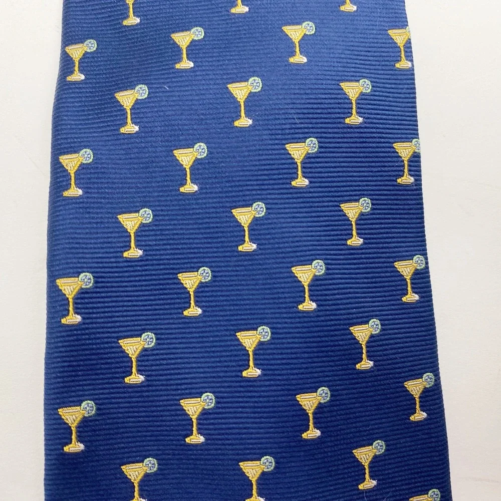 Lands' End Cocktail Martini Glass Margarita Silk Repp Necktie Mens Navy‎ Blue